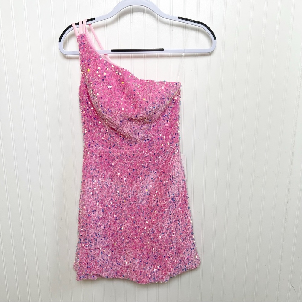 Stacees Candy Pink Velvet & Sequin One Shoulder Short/Mini A-Line Dress Size 0